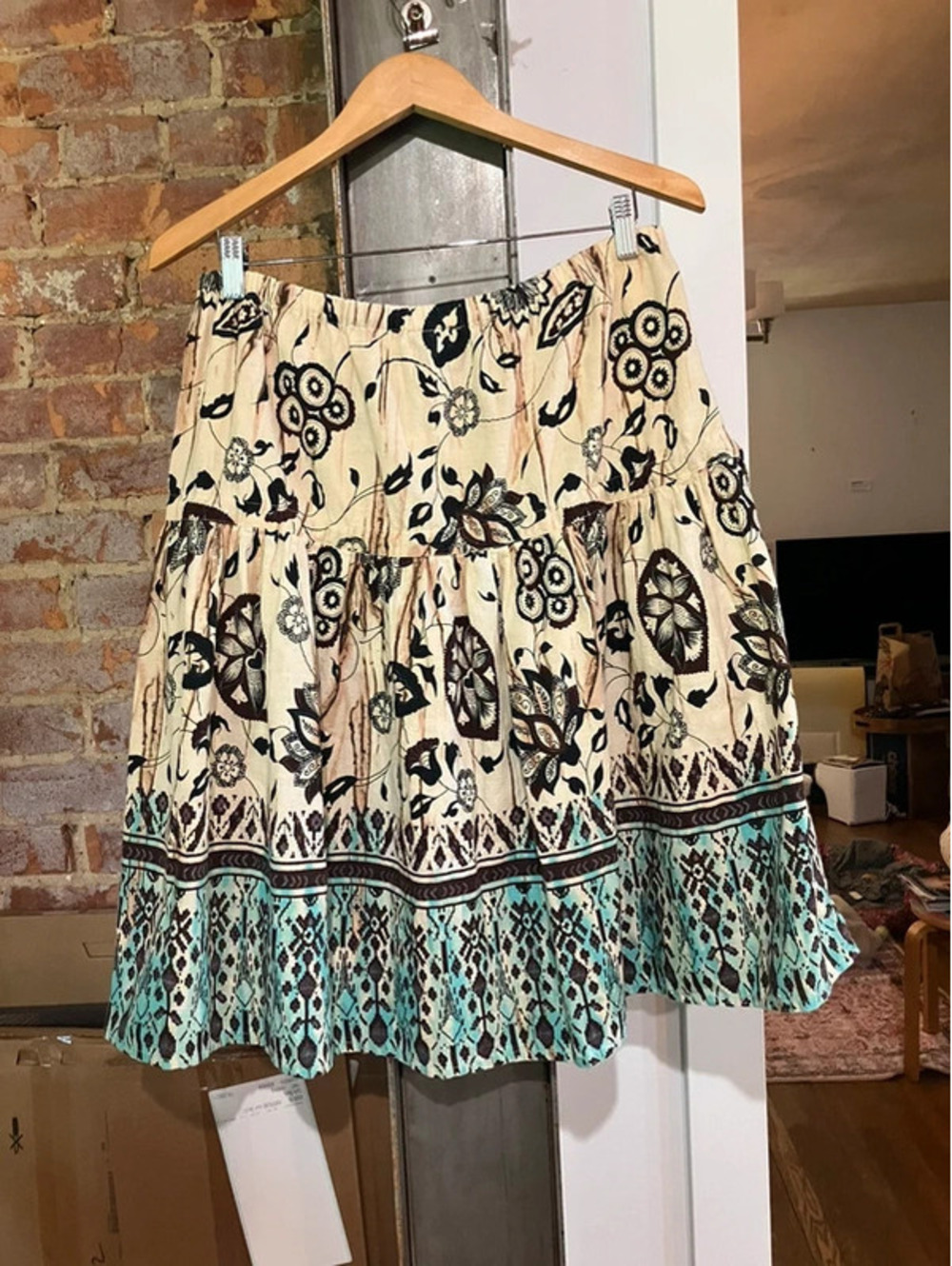 Lotus Cotton Boho Skirt Batik Floral Tiered Drawstring Cottagecore Festival M